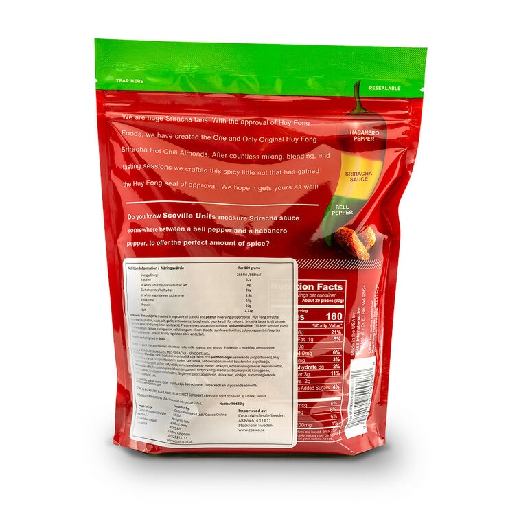 Back of pack of sriracha almonds Back of pack of sriracha almonds