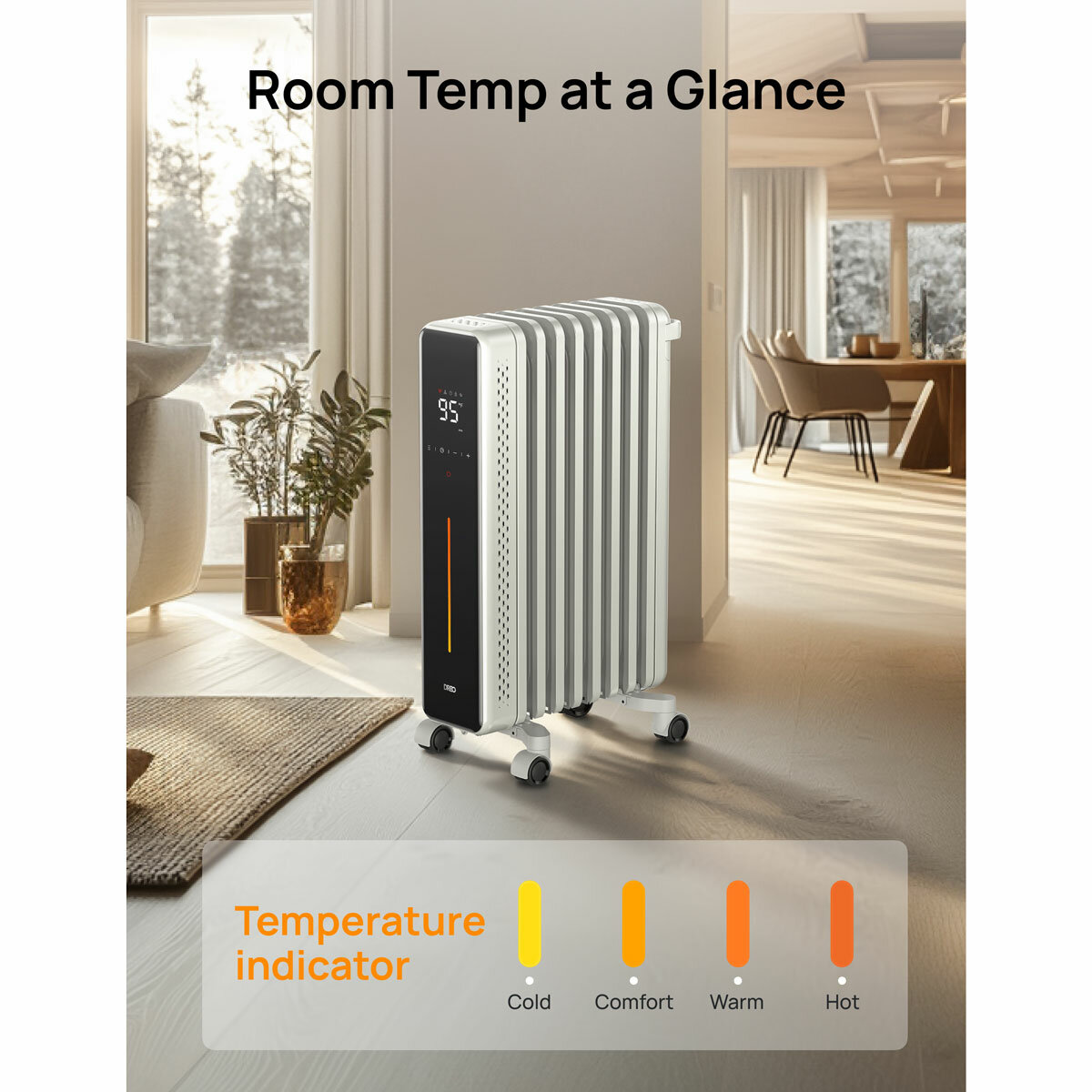 Lifestyle image of Dreo oil heater showing temperature indicator