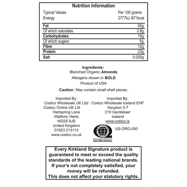 Kirkland Signature Organic Whole Almonds, 771g Costco UK