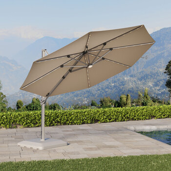 Seasons Sentry 13ft (4m) Solar LED Anodized Round Cantilever Umbrella with Base in Beige