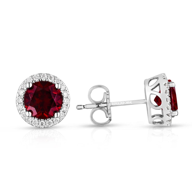 Round Cut Garnet & 0.19ctw Diamond Earrings, 14ct White Gold