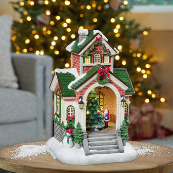15.7 Inches (40cm) Santa House with Rotating Base Tabletop Ornament with LED Lights & Sounds