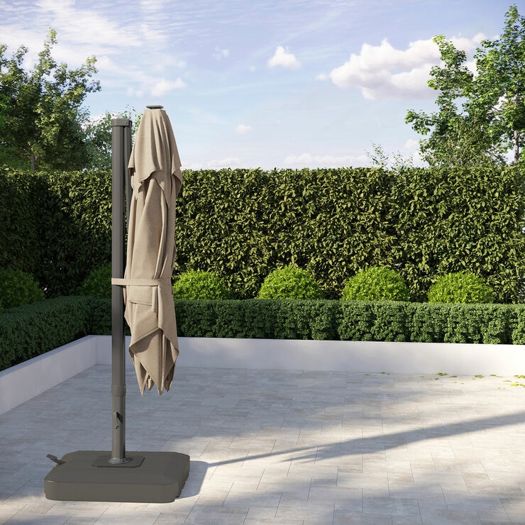 Seasons Sentry 10ft (3m) Square 2-Tier LED Solar Cantilever Umbrella with Rolling Base in Beige