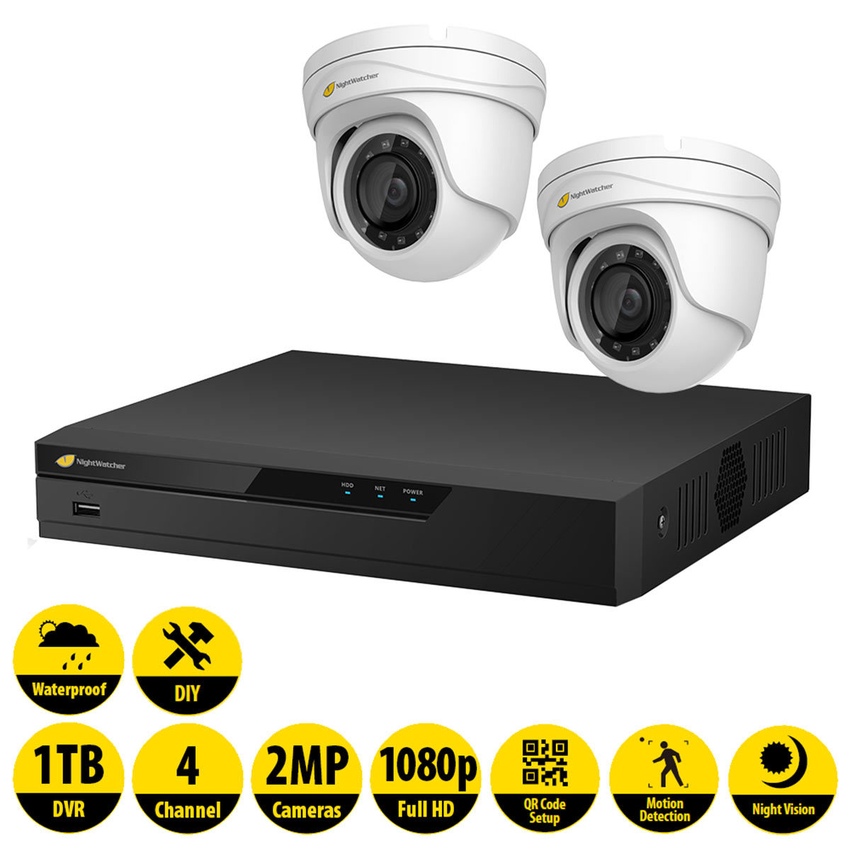NightWatcher 2MP 4 Channel Digital Video Recorder CCTV Kit with 2 x 2MP Dome Cameras