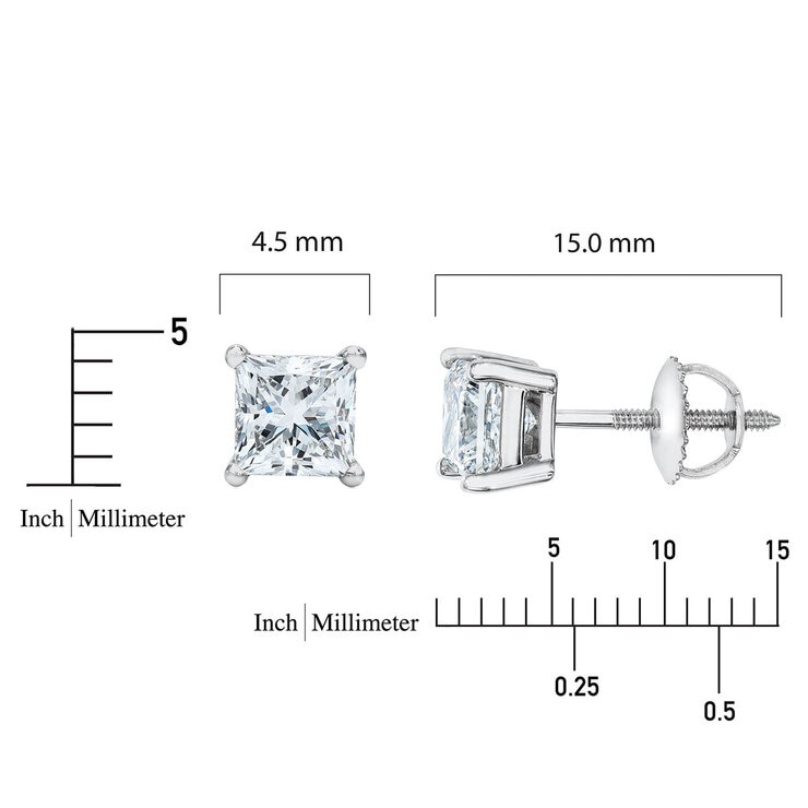 1.00ctw Princess Cut Diamond Stud Earrings, Platinum