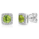 Cushion Cut Peridot & 0.13ctw Diamond Stud Earring, 14ct White Gold