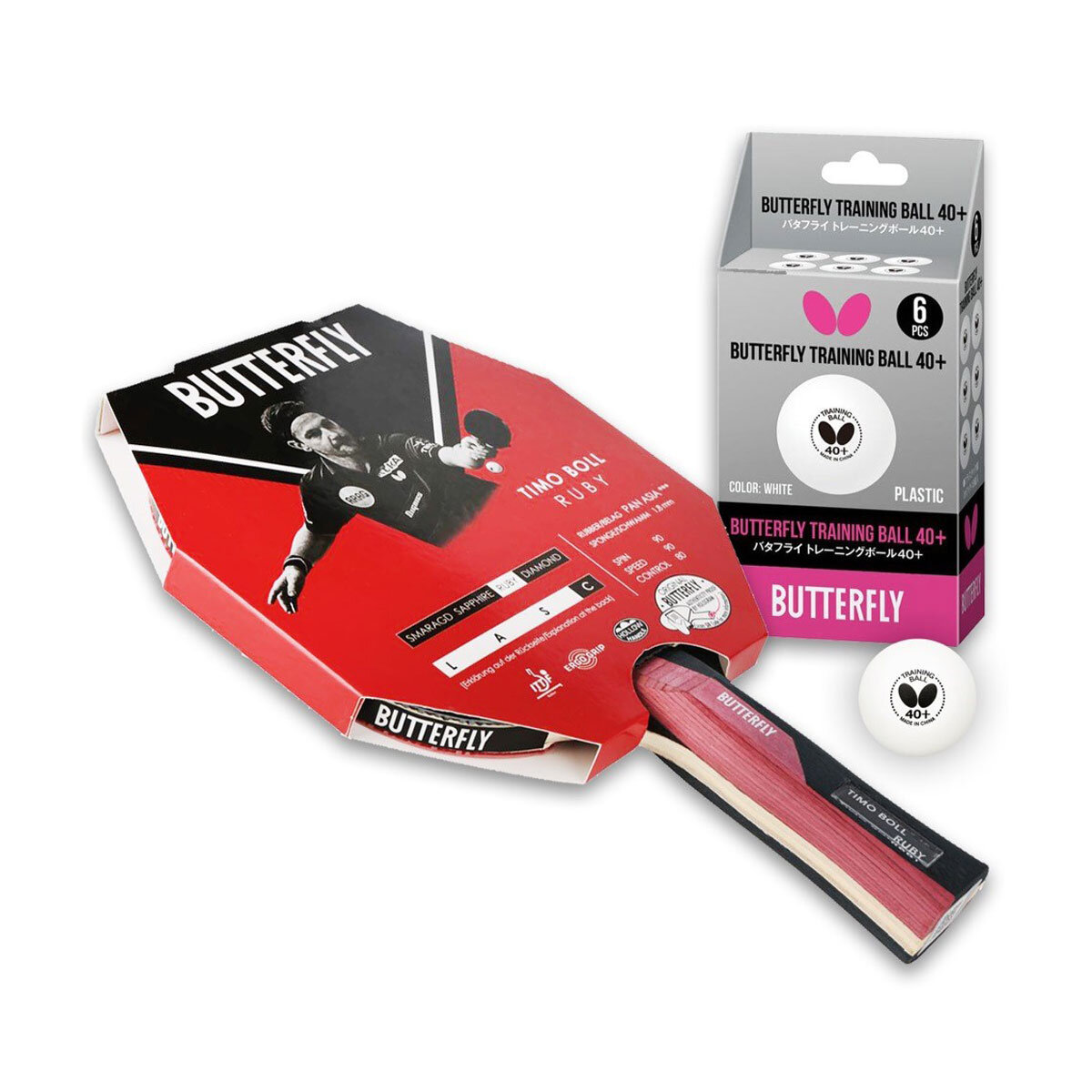 Butterfly Timo Boll Ruby Indoor Table Tennis Bat with Ball Set