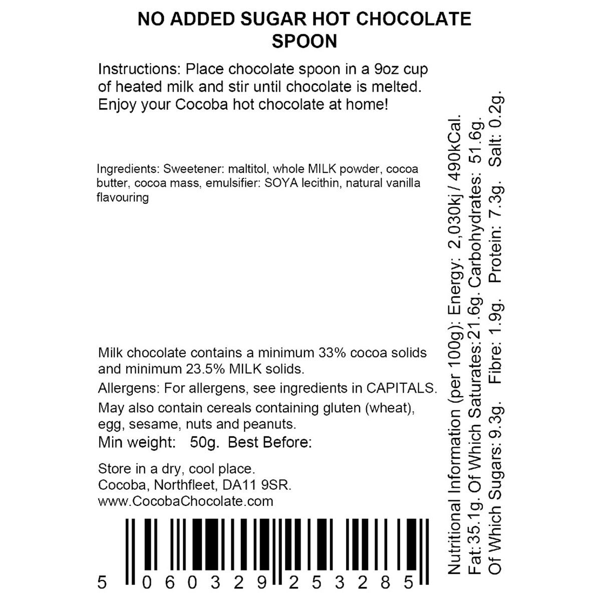 Cocoba Sugar Free Milk Chocolate Hot Chocolate Spoons, 10 x 50g