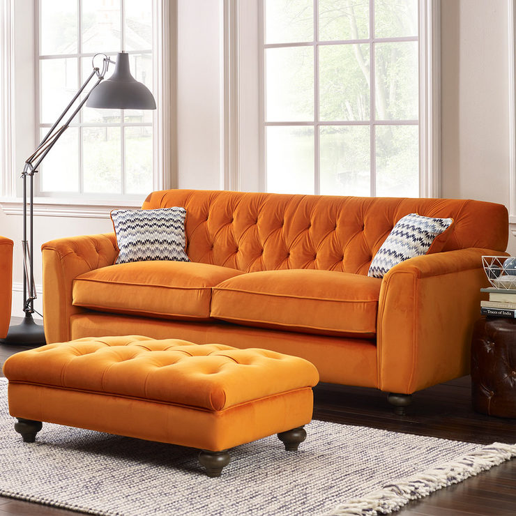 Avante Button Back 4 Seater Velvet Sofa with 2 Accent Pillows, Sunset