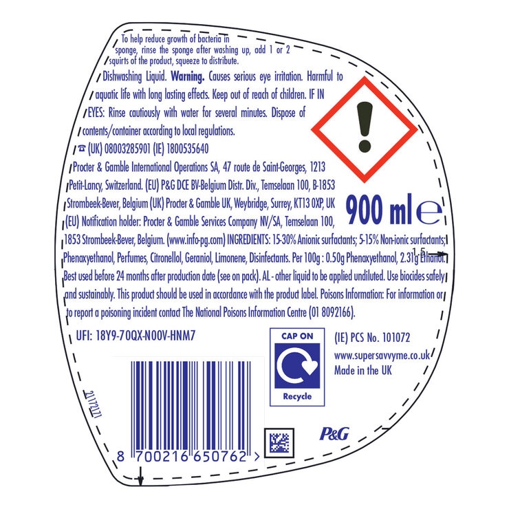 Fairy Liquid Antibacterial, 6 x 900ml