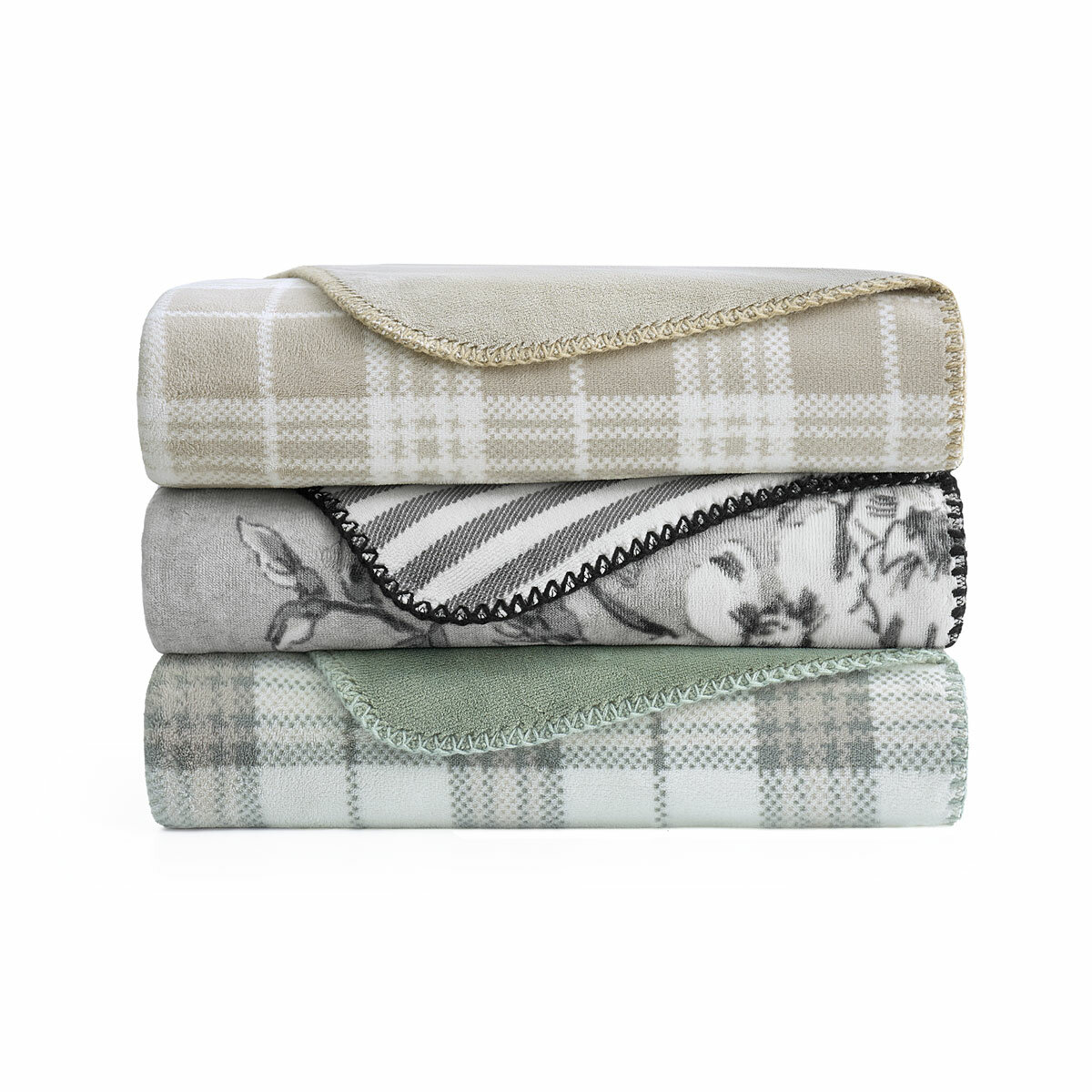 Plaid and floral throws in colours: Sage green, Taupe and black + white folded and stacked on top of eachother Plaid and floral throws in colours: Sage green, Taupe and black + white folded and stacked on top of eachother