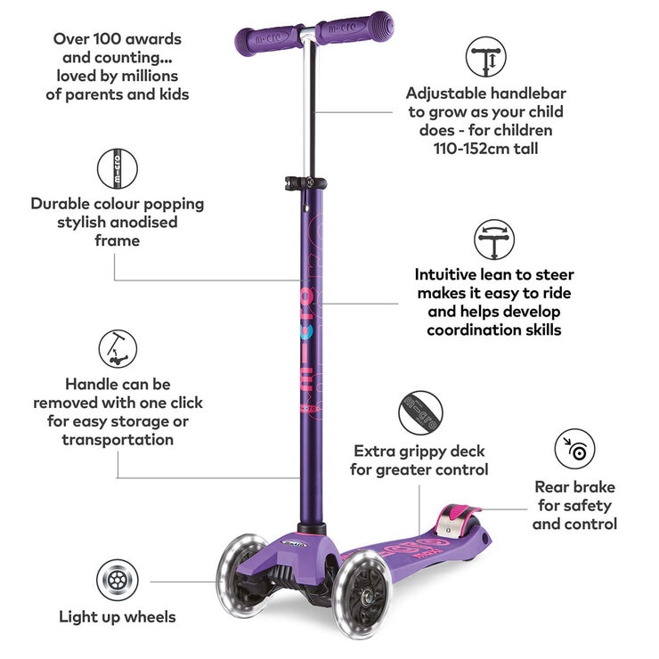 Micro Maxi Deluxe LED Purple Scooter with Pink Helmet and Unicorn Lunch Bag (5+ Years)