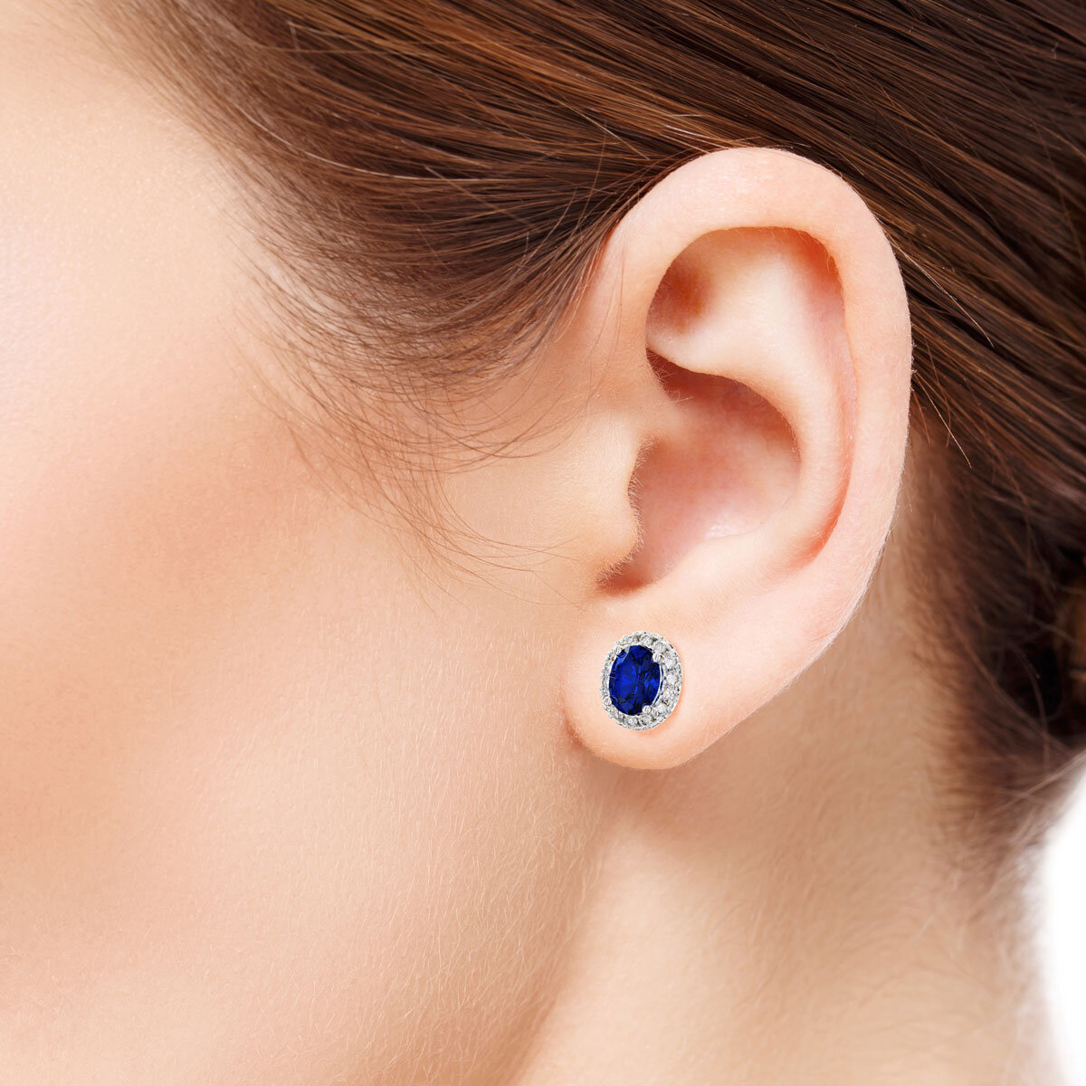 Oval Cut Sapphire & 0.16ctw Diamond Halo Earrings, 14ct White Gold