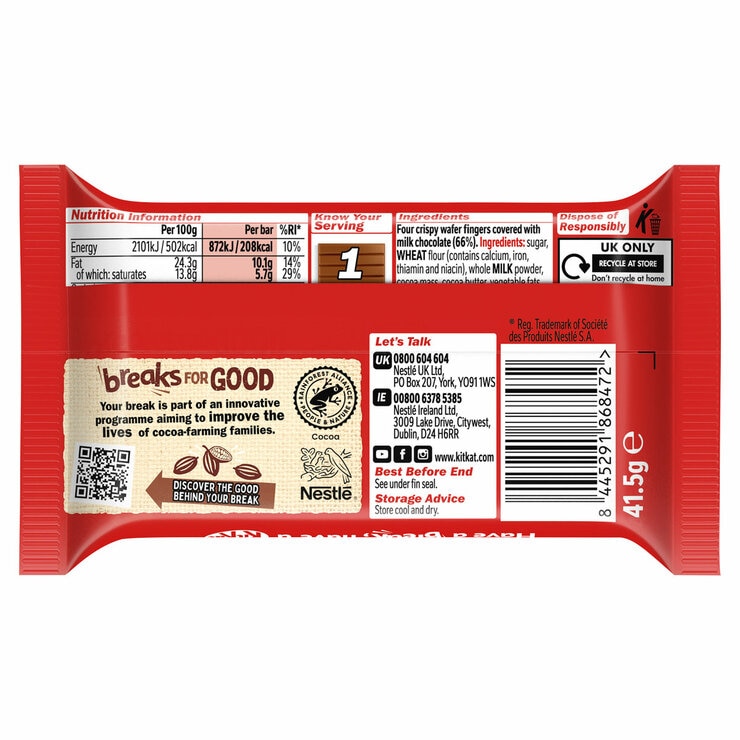 Kit Kat 4 Finger Milk Chocolate Bar Back of Pack Kit Kat 4 Finger Milk Chocolate Bar Back of Pack