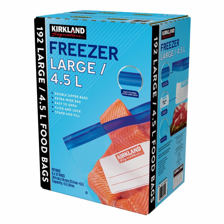 Kirkland Signature Freezer Bags Large/4.5L, 6x32 Box Side Angle