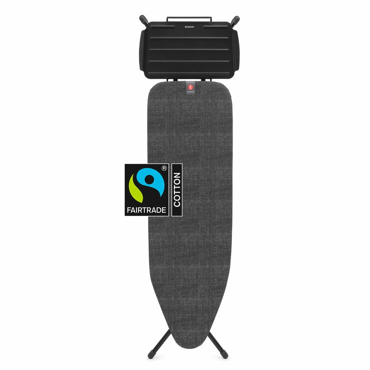 Plain white background image of brabantia ironing board with fairtrade logo