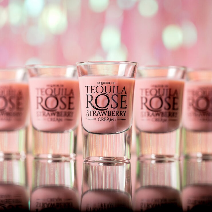 A row of 6 shots of Tequila Rose