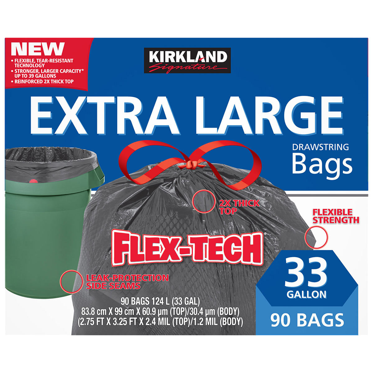 Kirkland Signature 33 Gallon Flex-Tech Bin Bags, 90 Pack