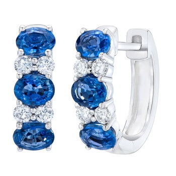 Oval Cut Sapphire & 0.23ctw Diamond Hoop Earrings, 14ct White Gold Oval Cut Sapphire & 0.23ctw Diamond Hoop Earrings, 14ct White Gold