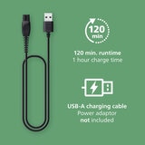 Lifestyle image of up to 120 minutes runtime and USB-A charging cable Lifestyle image of up to 120 minutes runtime and USB-A charging cable