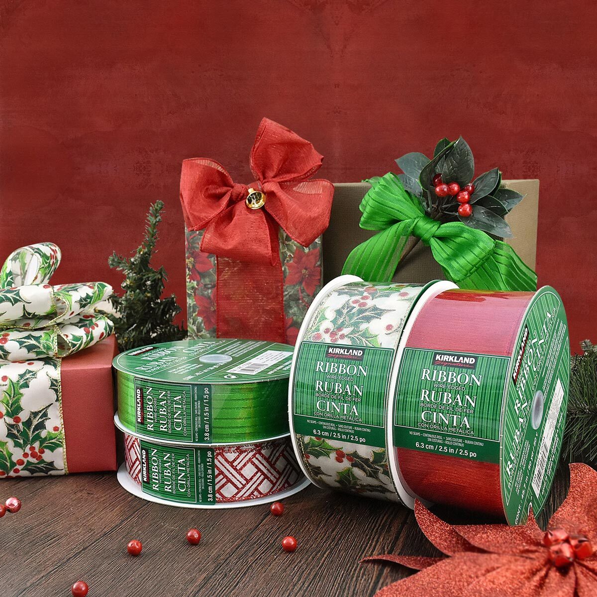 Buy Kirkland Signature Wire Edge Ribbon Traditional Red / Green Lifestyle Image at Costco.co.uk