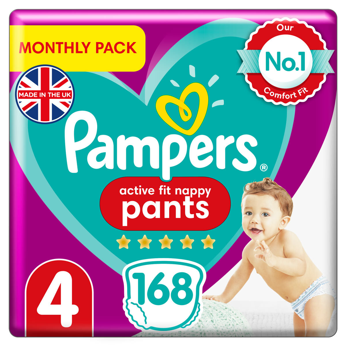 Pampers Active Fit Nappy Pants Size 4, 168 Monthly Pack