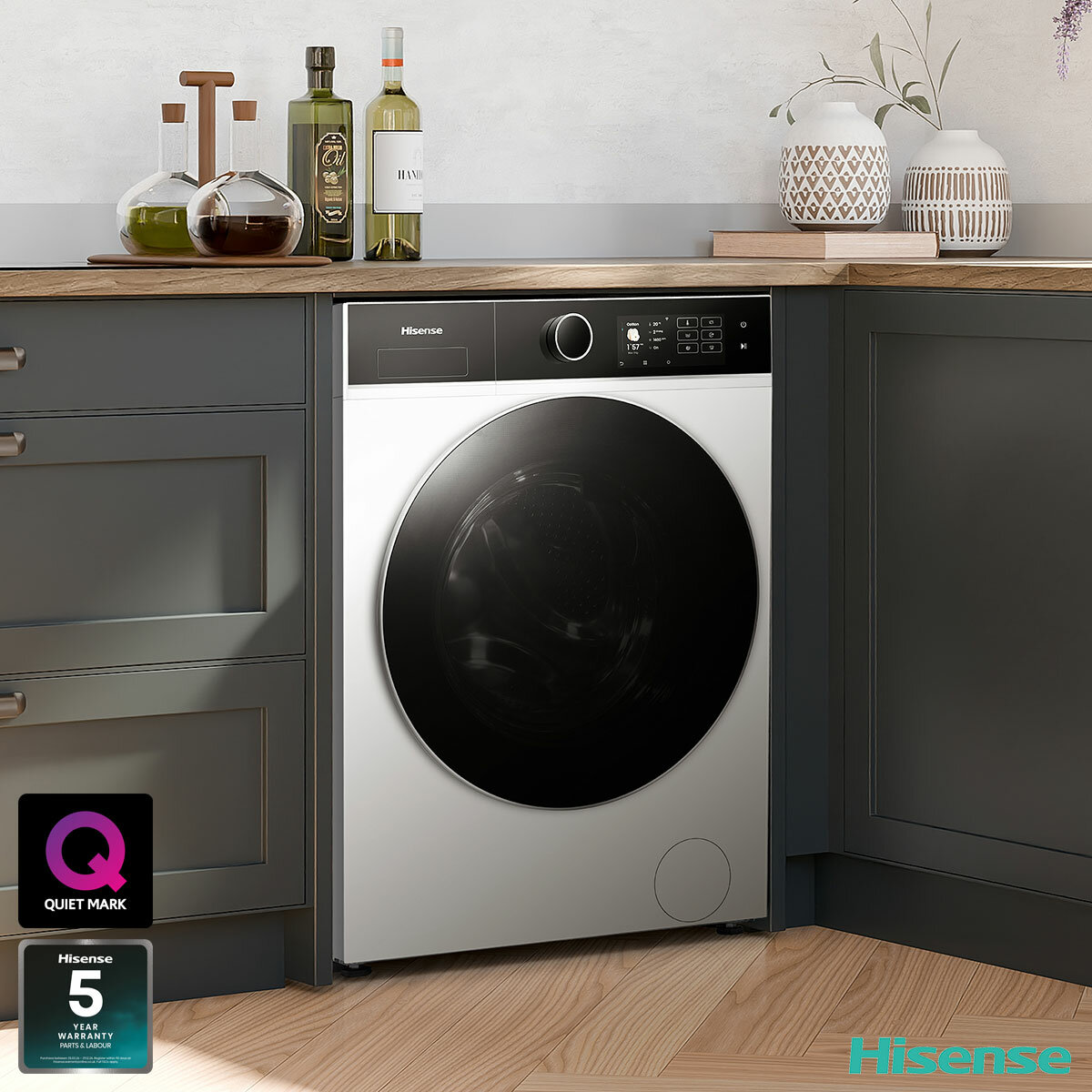 Hisense KitchenFit 5i Series WF5I9043BWFS, 9kg Washing Machine, A Rated in White