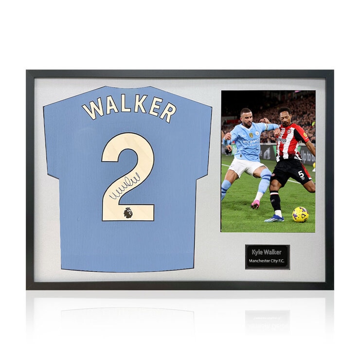 Kyle Walker Signed Framed Manchester City Football Shirt including 1 Photo, with White Mount Kyle Walker Signed Framed Manchester City Football Shirt including 1 Photo, with White Mount