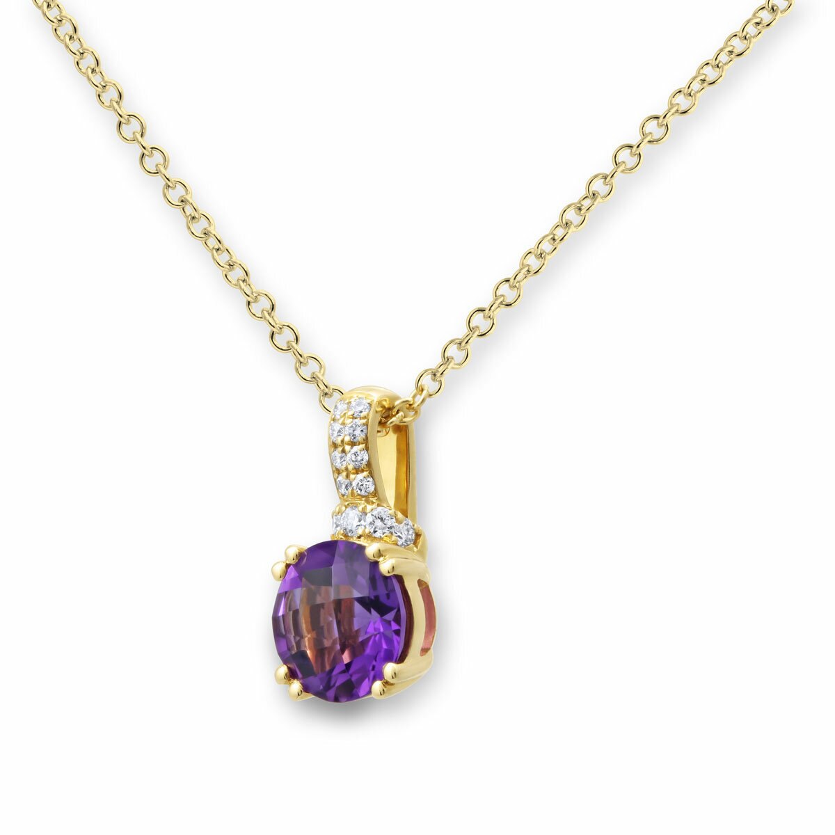 Round Cut Amethyst & 0.09ctw Diamond Pendant, 18ct Yellow Gold