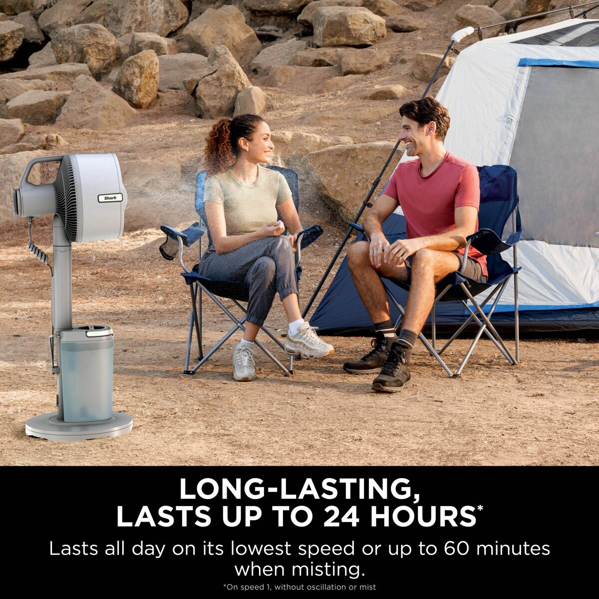 Lifestyle image of  Shark FlexBreeze Pro Mist Indoor & Outdoor Fan & Outdoor Misting System being used outdoors