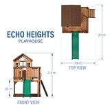 Image showing the dimensions of the Backyard Discovery Echo Heights Playhouse Image showing the dimensions of the Backyard Discovery Echo Heights Playhouse