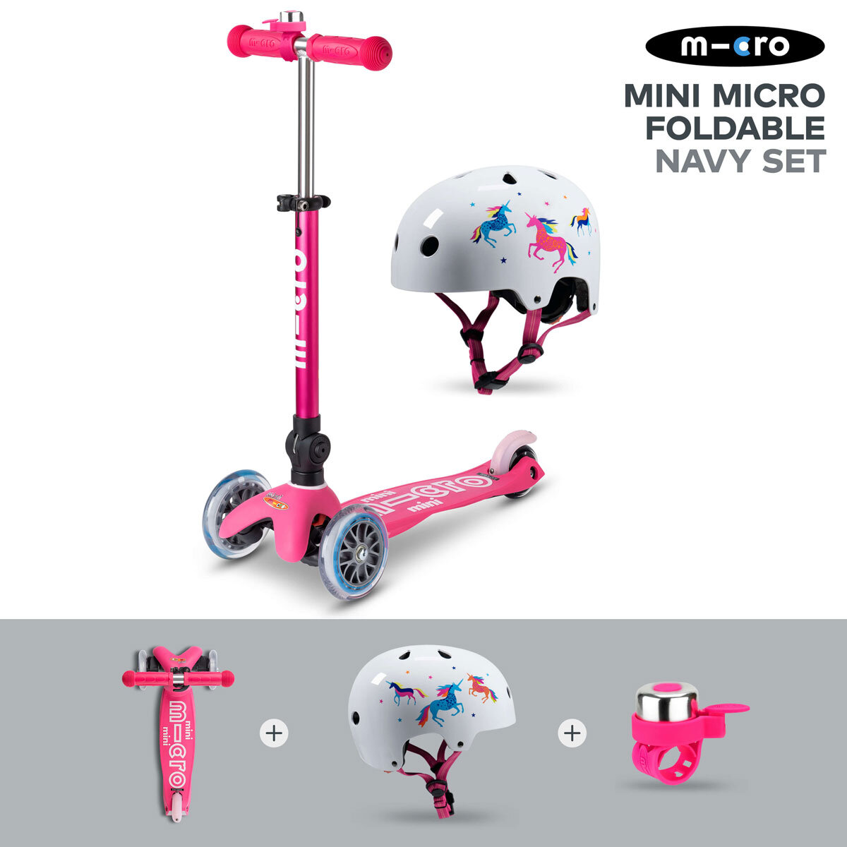 Micro Mini Foldable Pink Scooter with Unicorn Helmet and Pink Bell (2+ Years) 