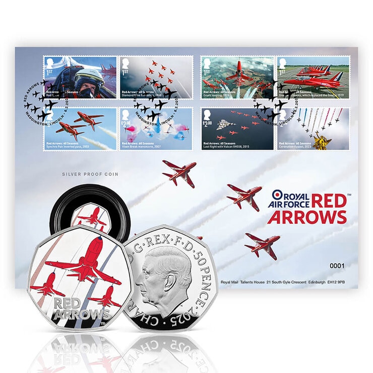 Red Arrows 50p Silver Proof Coin Cover from Royal Mail and The Royal Mint Red Arrows 50p Silver Proof Coin Cover from Royal Mail and The Royal Mint