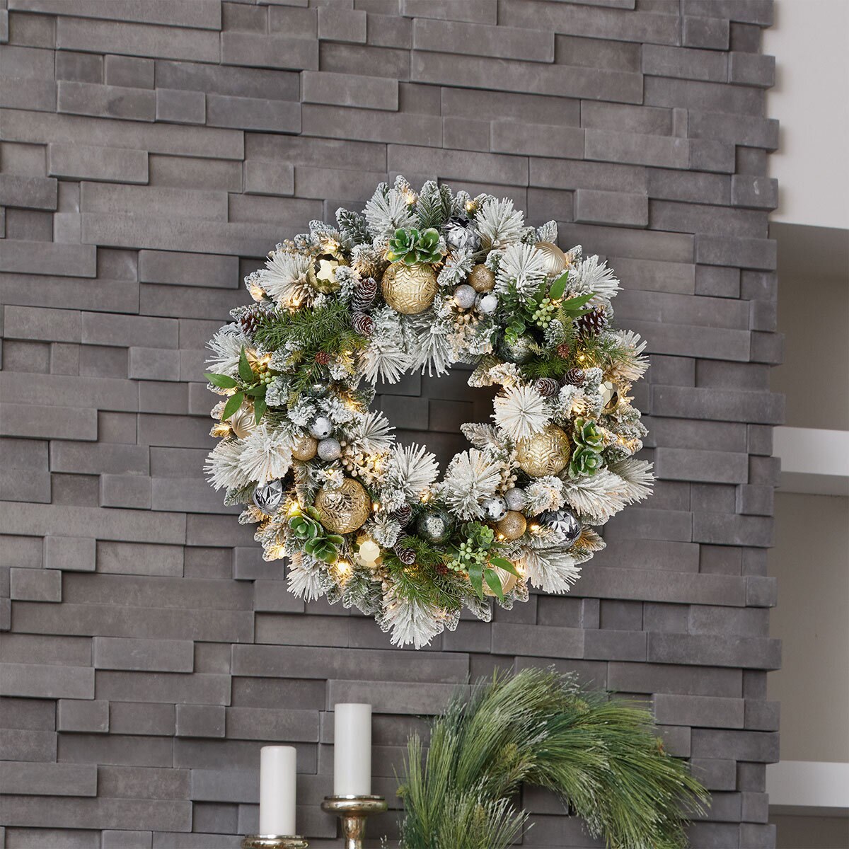 32 Inch Flocked Pre-Lit Decorated Christmas Wreath with 50 Warm White LED Lights