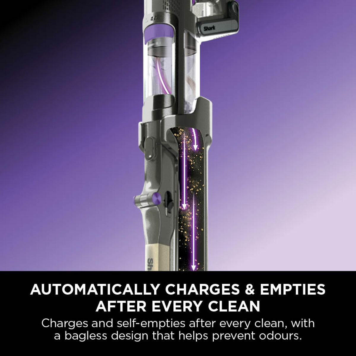 Lifestyle image of Shark PowerDetect Clean & Empty Cordless Pet Vacuum Cleaner automaticdally charges and empites at charging dock Lifestyle image of Shark PowerDetect Clean & Empty Cordless Pet Vacuum Cleaner automaticdally charges and empites at charging dock