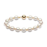 8-8.5mm Cultured Freshwater White Oval Pearl and Gold Bead Bracelet, 18ct Yellow Gold