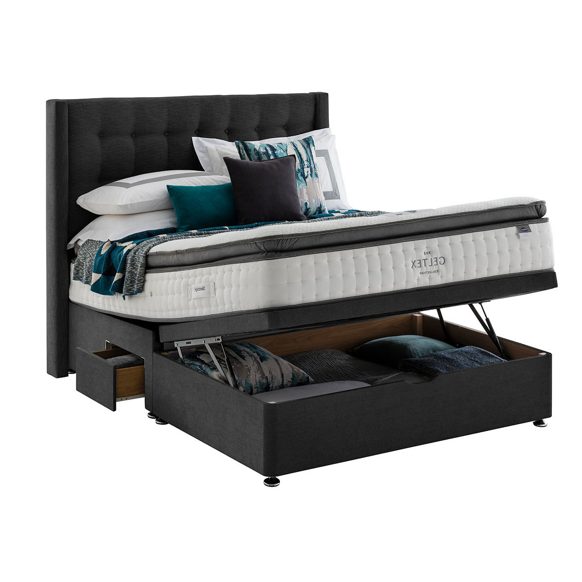 Silentnight Ottoman Divan Base with Bloomsbury Headboard in Ebony in 3 Sizes