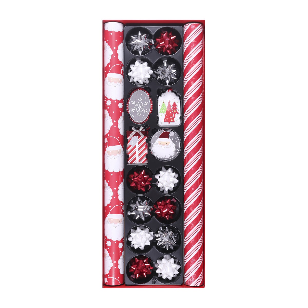 120 sq ft Luxury Gift Wrap Ensemble Pack with 12 Tags & 12 Bows in Red, Silver & White