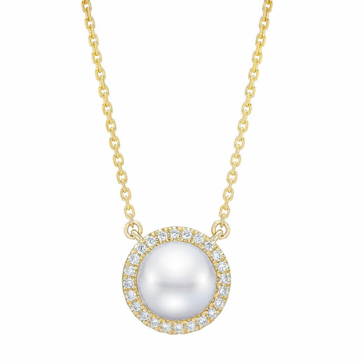 8-9mm Cultured Freshwater White Button Pearl & 0.16ctw Diamond Halo Pendant, 14ct Yellow Gold 8-9mm Cultured Freshwater White Button Pearl & 0.16ctw Diamond Halo Pendant, 14ct Yellow Gold