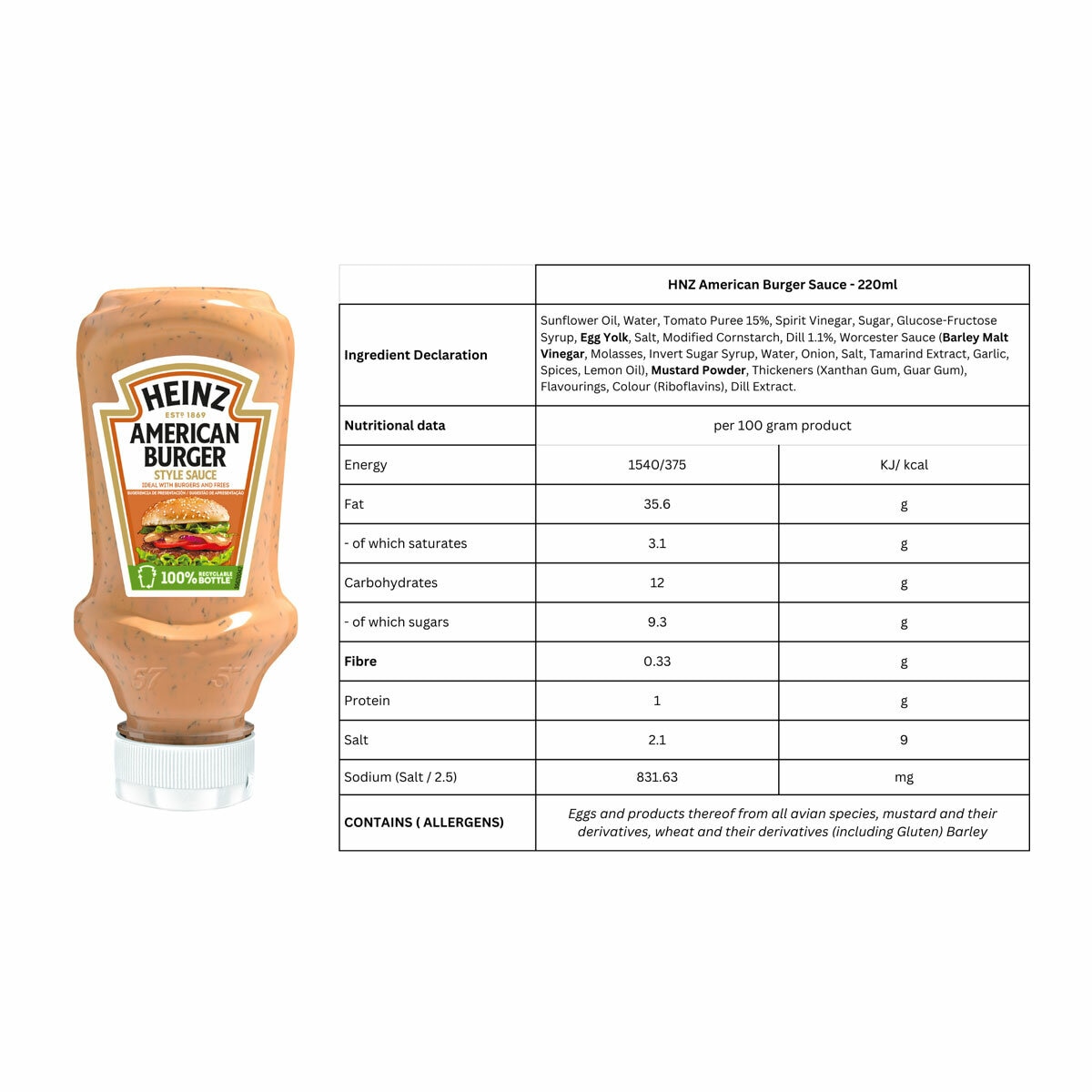 Heinz American Burger Sauce 220ml and Ingredients info