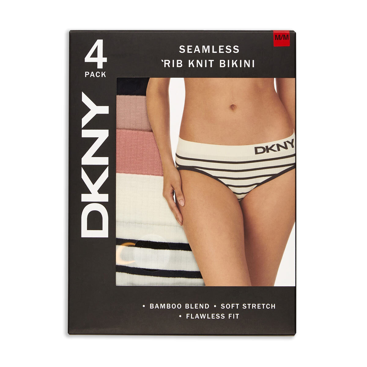 DKNY Women's Seamless Rib Knit 4 Pack Bikini Brief in Pin...
