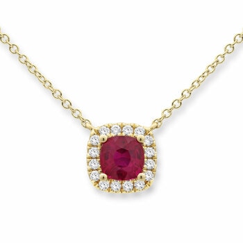 Cushion Cut Ruby & 0.13ctw Diamond Halo Necklace, 18ct Yellow Gold