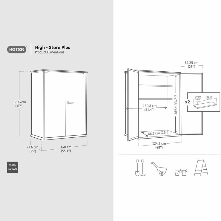 Keter Rosewood 4ft 6" x 2ft 4" (1.4 x 0.7m) 1,415 Litre Vertical Storage Shed with Shelves