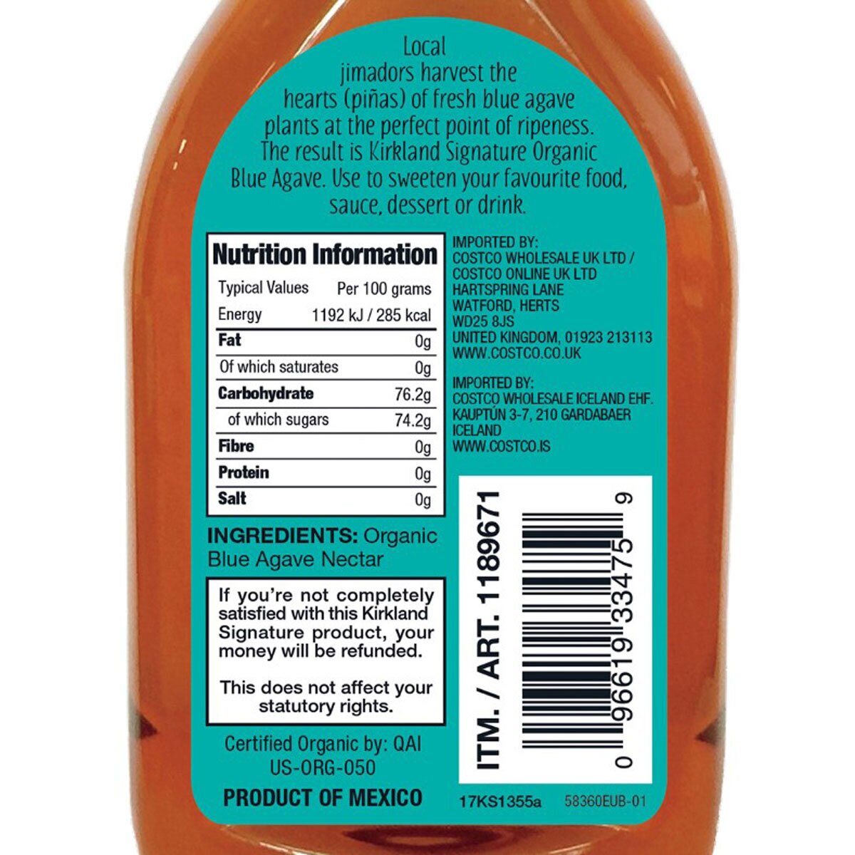 Kirkland Signature Organic Blue Agave, 2 x 736ml 1189671