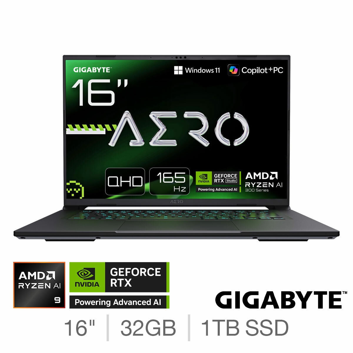 Gigabyte AERO X16 Copilot+ PC, AMD Ryzen AI 9, 32GB RAM, 1TB SSD, NVIDIA GeForce RTX 5070, 16 inch Gaming Laptop, 2WHA3UKC65DP