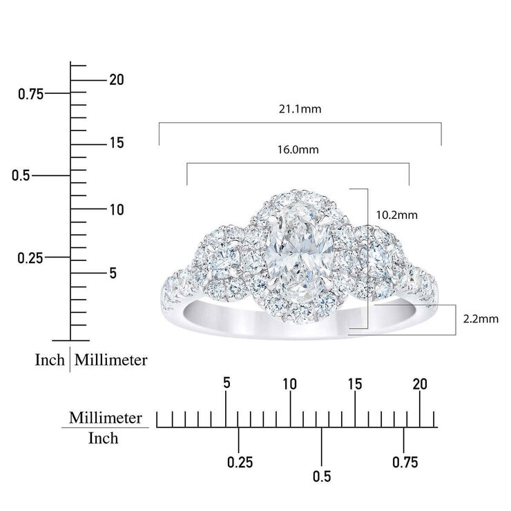 1.52ctw Oval & Round Brilliant Cut Diamond Three Stone Halo Ring, 14ct White Gold 1.52ctw Oval & Round Brilliant Cut Diamond Three Stone Halo Ring, 14ct White Gold