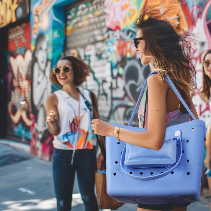 Lifestyle image of two women talking, one with the Beachcomber bag on her shoulder