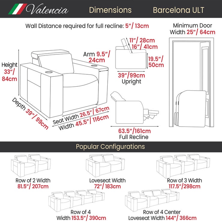 Valencia Barcelona Row of 2 Black Leather Power Reclining Home Theatre Seating