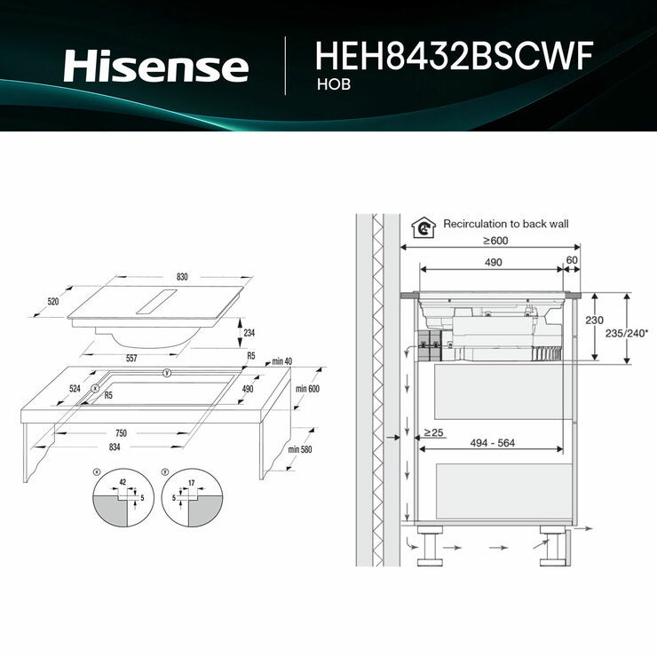 Hisense Hi6 HEH8432BSCWF 83cm Induction Hob with Bridge Zone in Black For External / Recirculation Ventilation Hisense Hi6 HEH8432BSCWF 83cm Induction Hob with Bridge Zone in Black For External / Recirculation Ventilation