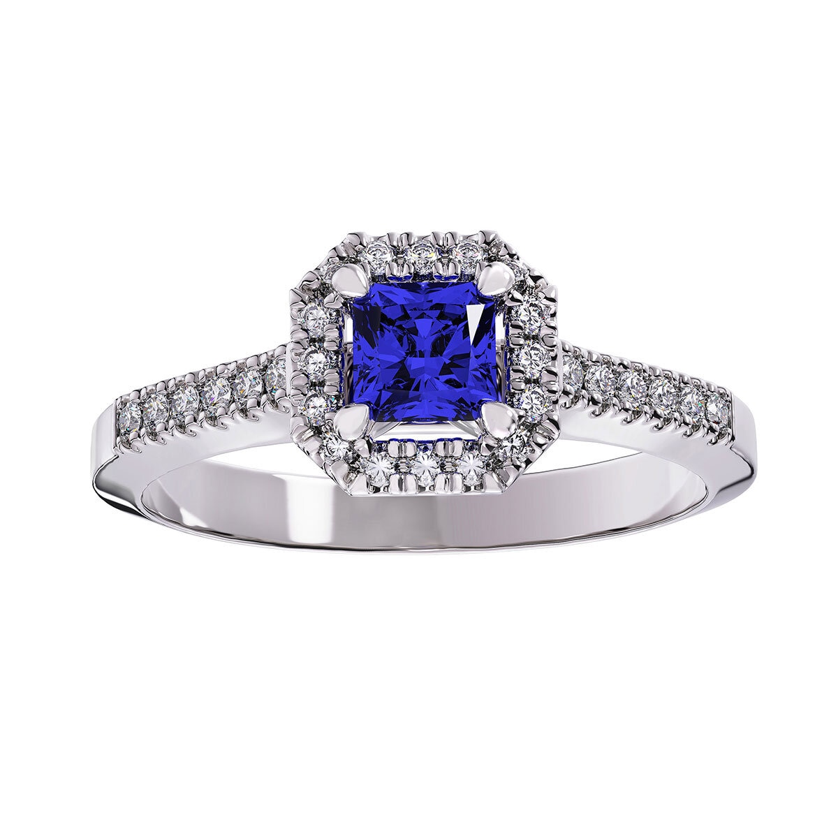 Square Emerald Cut Tanzanite & 0.16ctw Diamond Halo Ring, 14ct White Gold